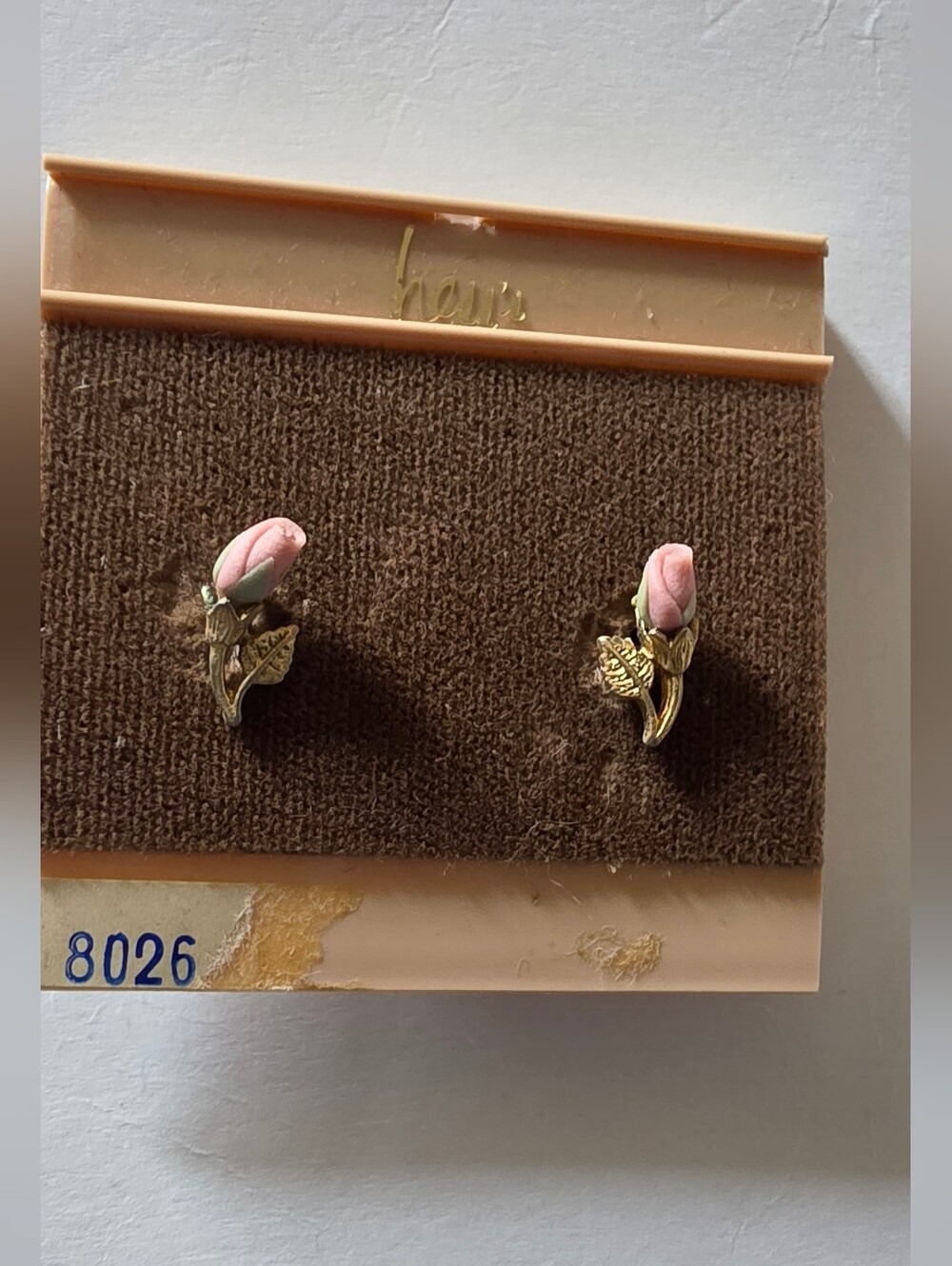 Pink Porcelian Rosebud Stud Earrings with Goldtone Leaves